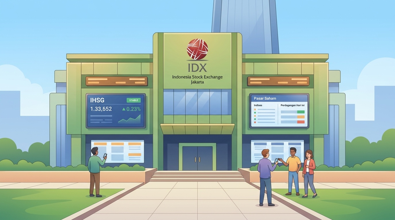 Ilustrasi gedung bursa dengan papan informasi perdagangan yang tenang