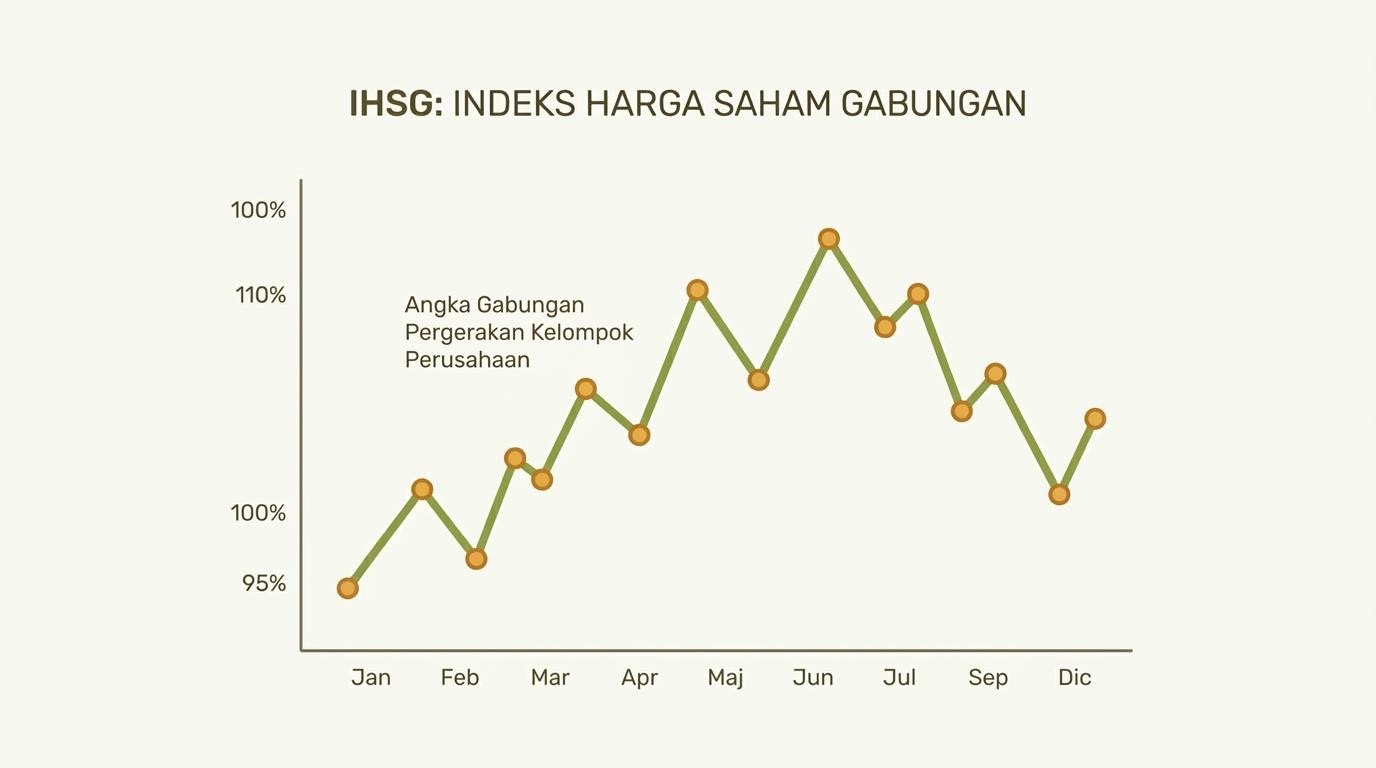 Ilustrasi grafik garis indeks yang naik turun dengan keterangan sederhana