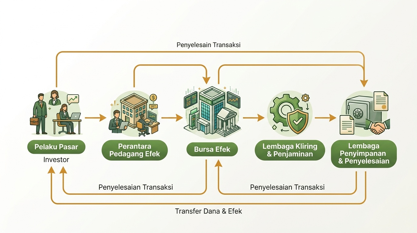 Ilustrasi diagram alur transaksi dengan beberapa peran yang terhubung